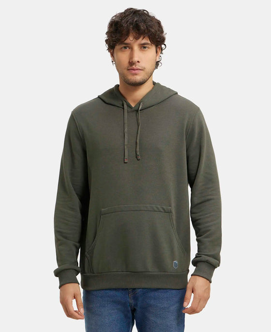 Super Combed Cotton Rich French Terry Hoodie Sweatshirt with Ribbed Cuffs - Deep Olive-1