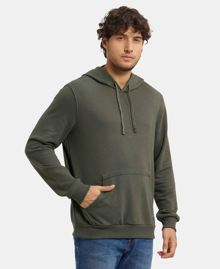 Super Combed Cotton Rich French Terry Hoodie Sweatshirt with Ribbed Cuffs - Deep Olive-2