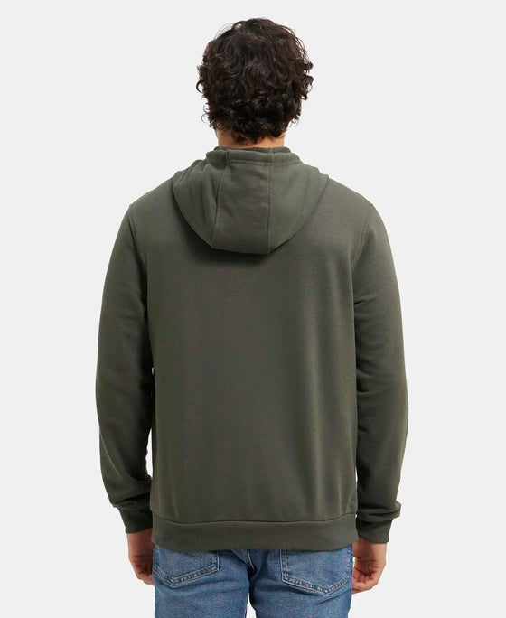 Super Combed Cotton Rich French Terry Hoodie Sweatshirt with Ribbed Cuffs - Deep Olive-3