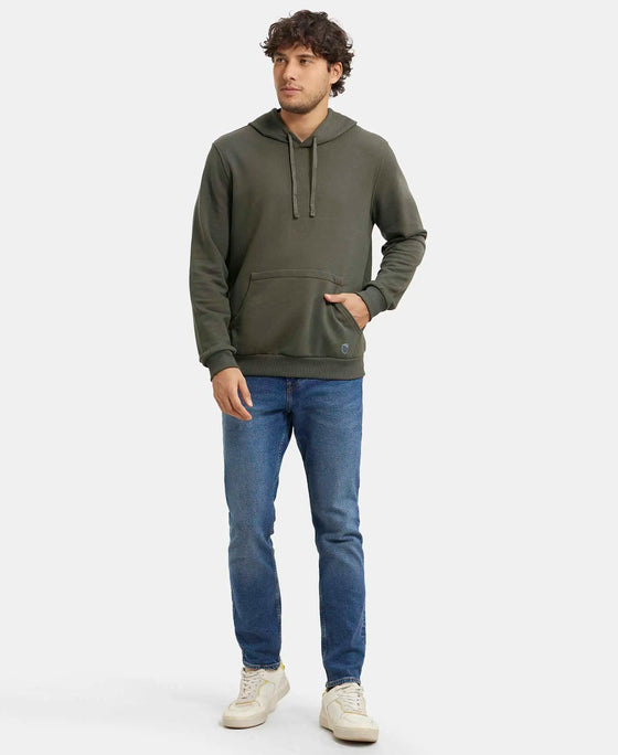 Super Combed Cotton Rich French Terry Hoodie Sweatshirt with Ribbed Cuffs - Deep Olive-4