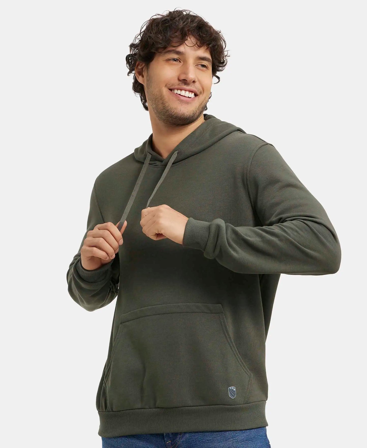 Super Combed Cotton Rich French Terry Hoodie Sweatshirt with Ribbed Cuffs - Deep Olive-5