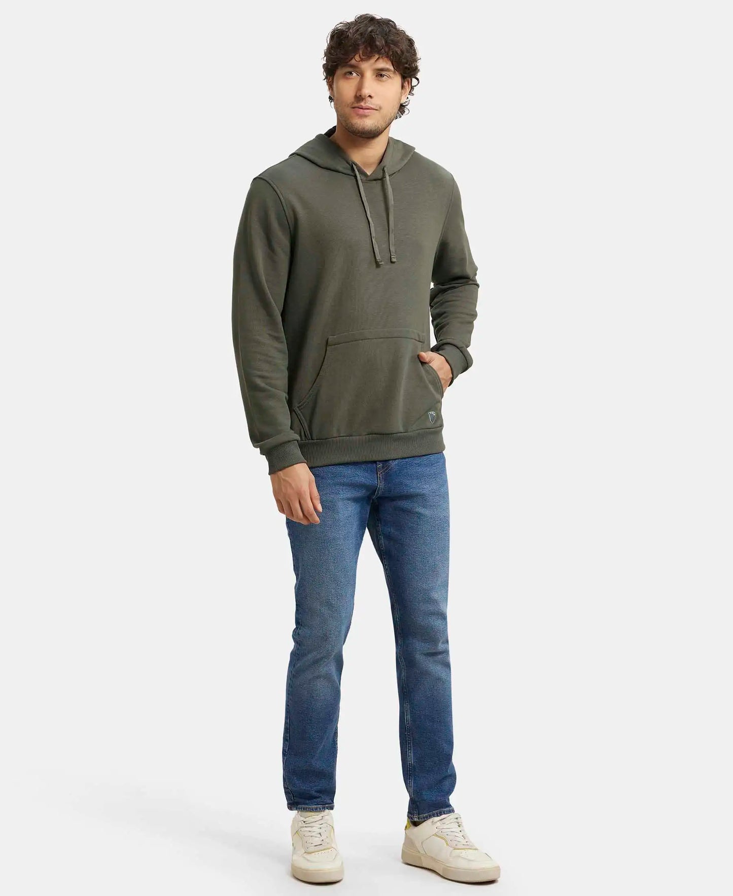 Super Combed Cotton Rich French Terry Hoodie Sweatshirt with Ribbed Cuffs - Deep Olive-6