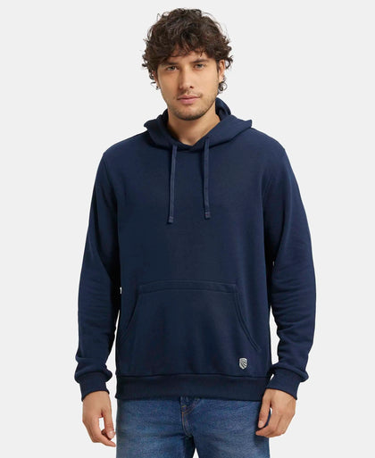 Super Combed Cotton Rich French Terry Hoodie Sweatshirt with Ribbed Cuffs - Navy-1