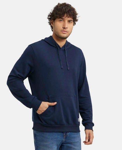 Super Combed Cotton Rich French Terry Hoodie Sweatshirt with Ribbed Cuffs - Navy-2