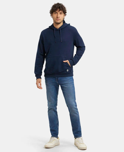 Super Combed Cotton Rich French Terry Hoodie Sweatshirt with Ribbed Cuffs - Navy-4