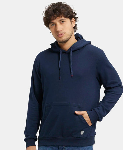 Super Combed Cotton Rich French Terry Hoodie Sweatshirt with Ribbed Cuffs - Navy-5