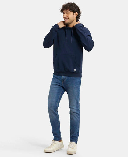 Super Combed Cotton Rich French Terry Hoodie Sweatshirt with Ribbed Cuffs - Navy-6