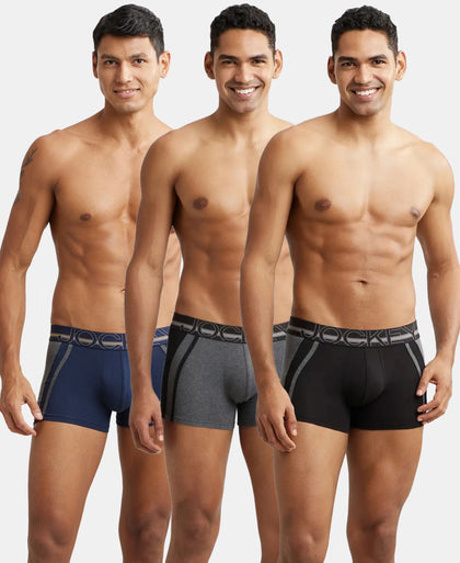 Pack of 3 Super Combed Cotton Elastane Stretch Solid Trunk with Ultrasoft Waistband - Navy, Charcoal Melange & Black