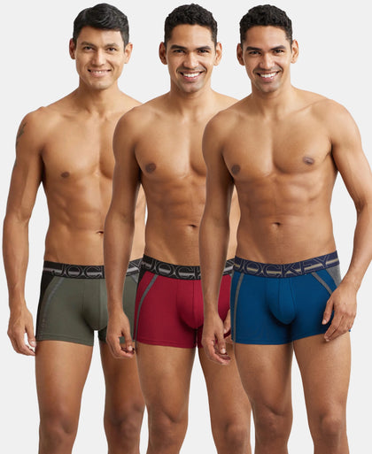 Pack of 3 Super Combed Cotton Elastane Stretch Solid Trunk with Ultrasoft Waistband - Red Pepper, Poseidon & Deep Olive