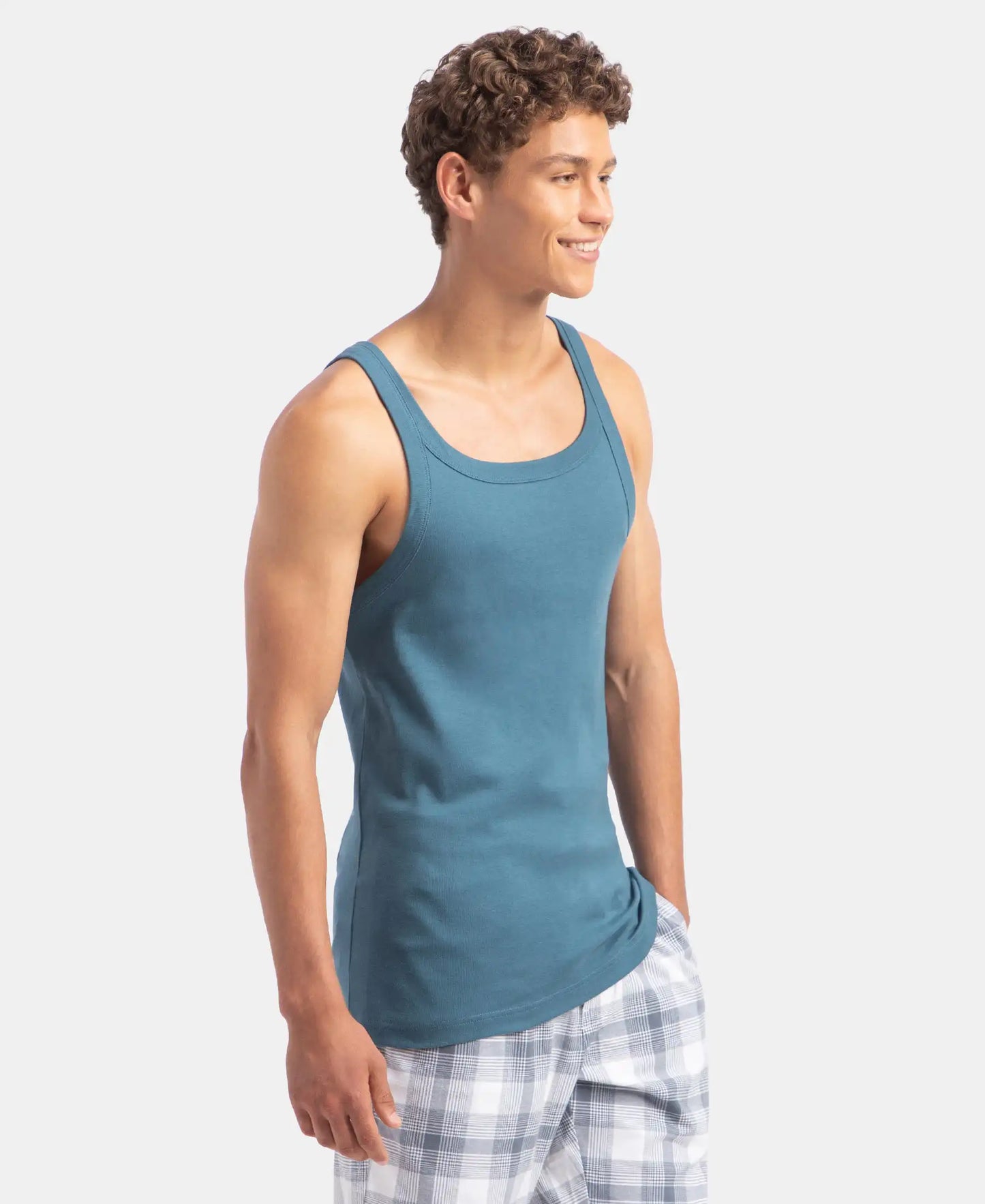 Super Combed Cotton Rib Square Neck Gym Vest - Indian Teal