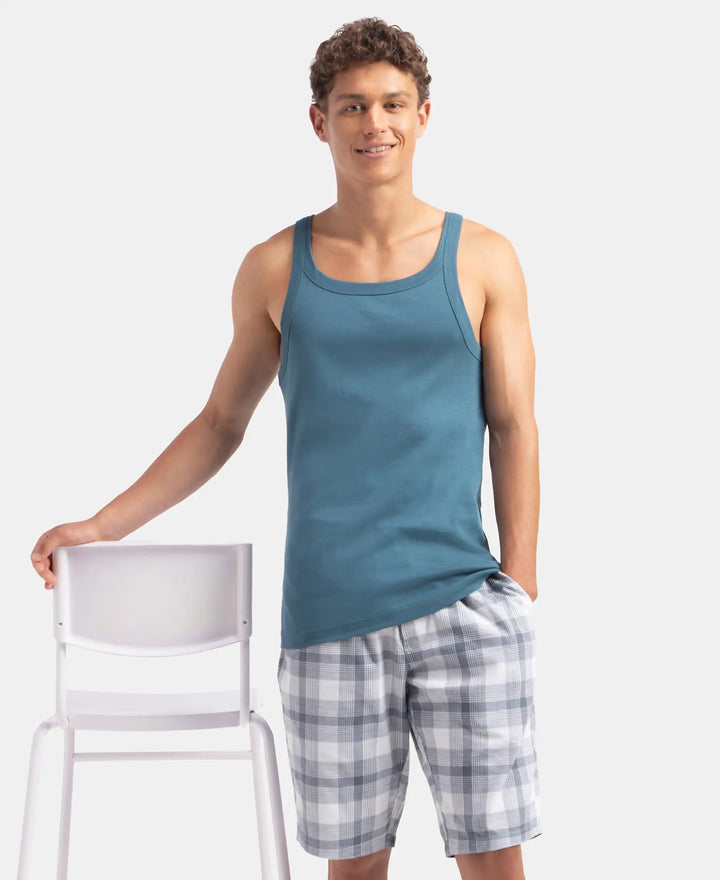 Super Combed Cotton Rib Square Neck Gym Vest - Indian Teal