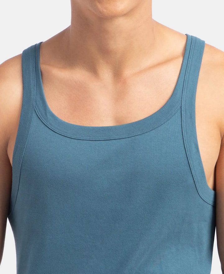 Super Combed Cotton Rib Square Neck Gym Vest - Indian Teal