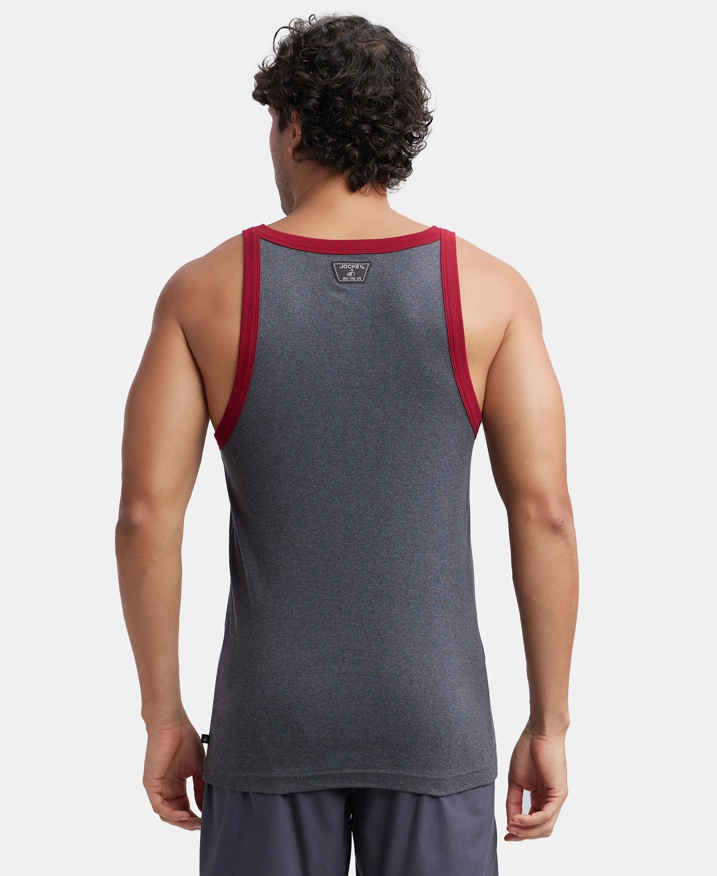 Super Combed Cotton Rib Square Neck Gym Vest - Charcoal & Red Pepper