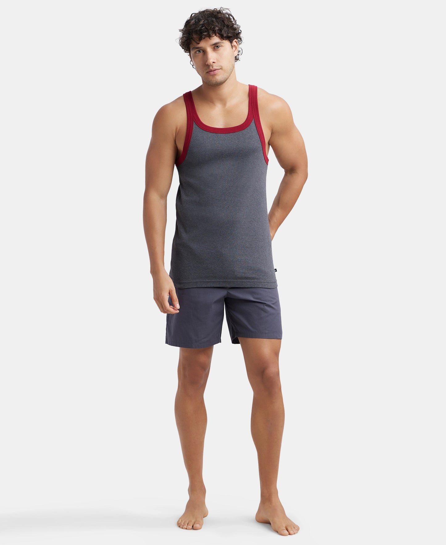 Super Combed Cotton Rib Square Neck Gym Vest - Charcoal & Red Pepper