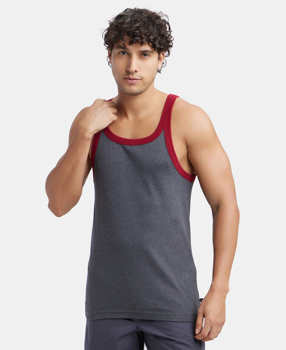 Super Combed Cotton Rib Square Neck Gym Vest - Charcoal & Red Pepper