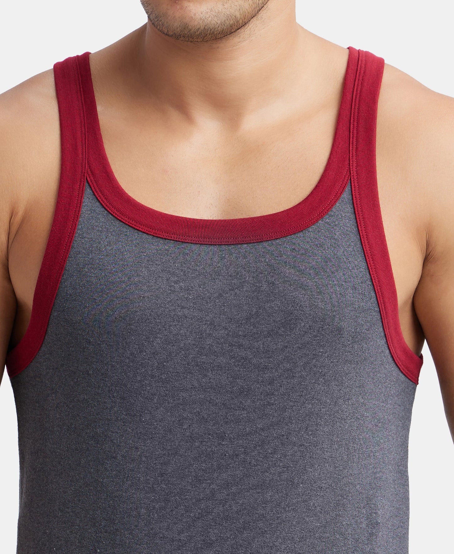 Super Combed Cotton Rib Square Neck Gym Vest - Charcoal & Red Pepper