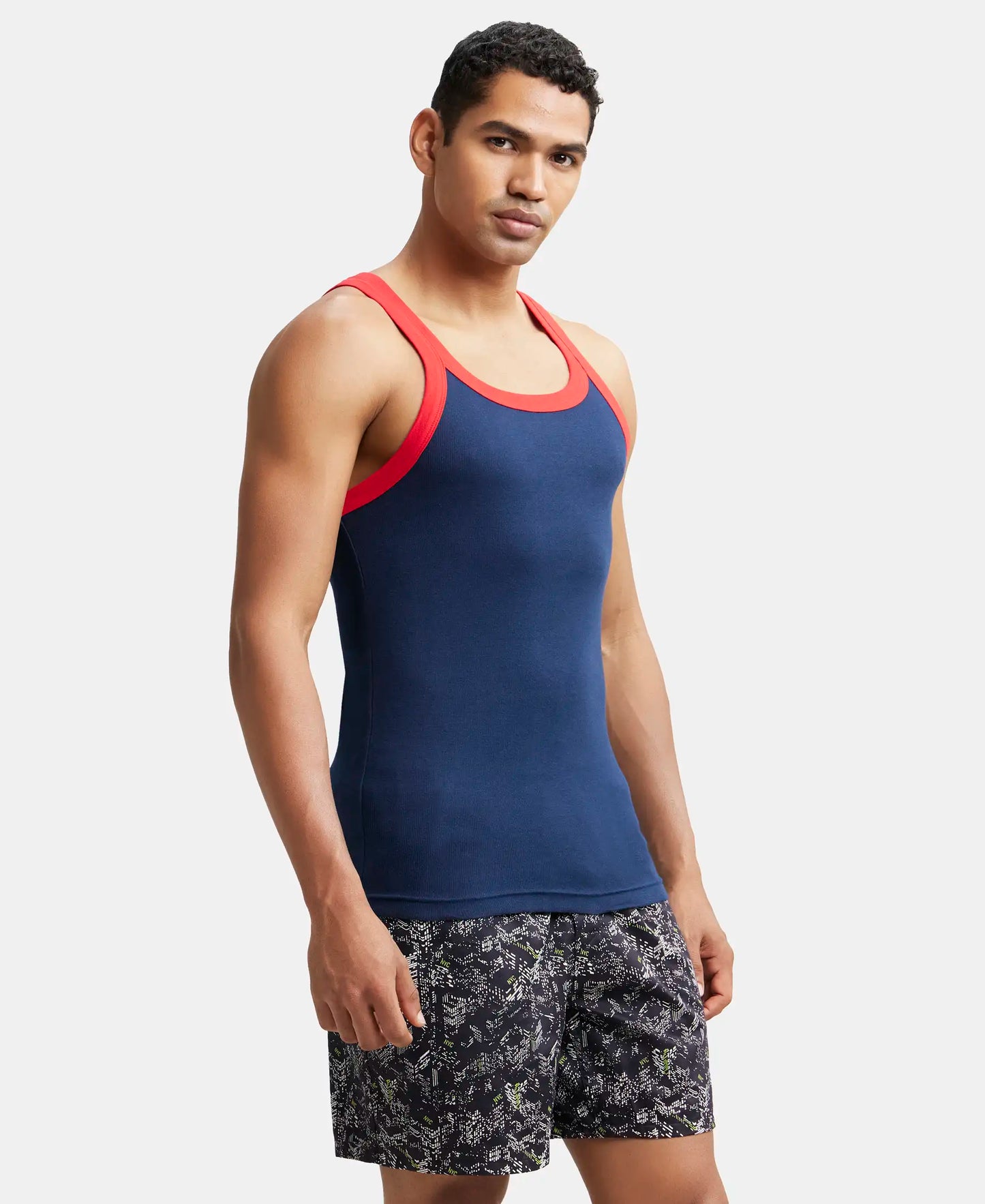 Super Combed Cotton Rib Square Neck Gym Vest - Navy