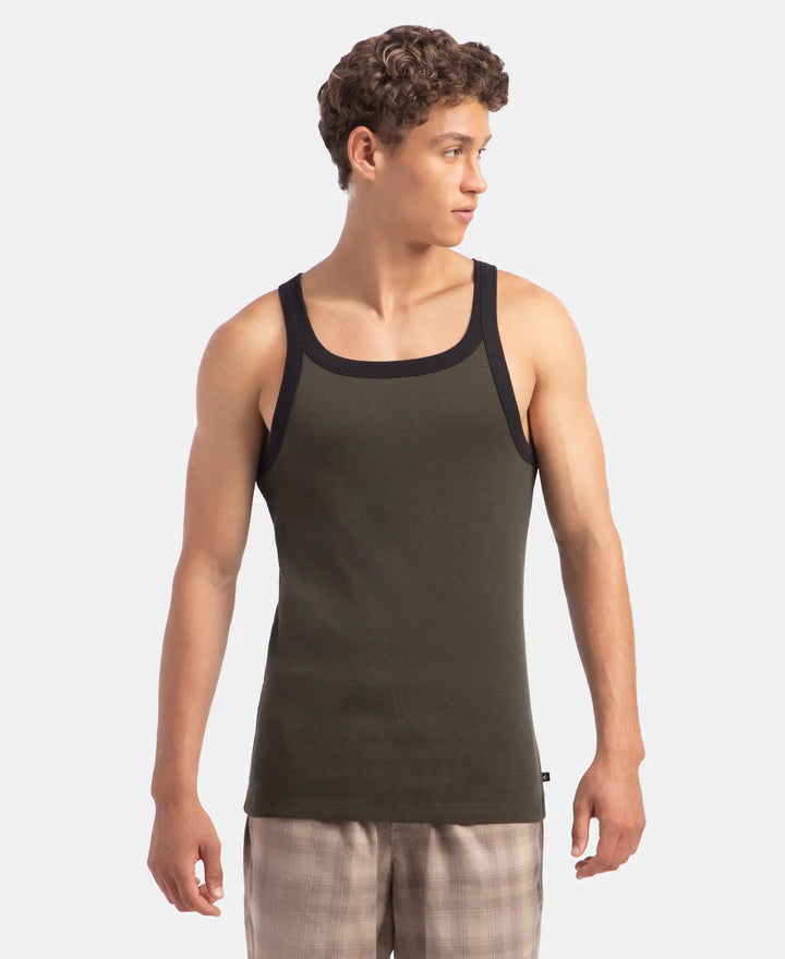 Super Combed Cotton Rib Square Neck Gym Vest - Olive & Black