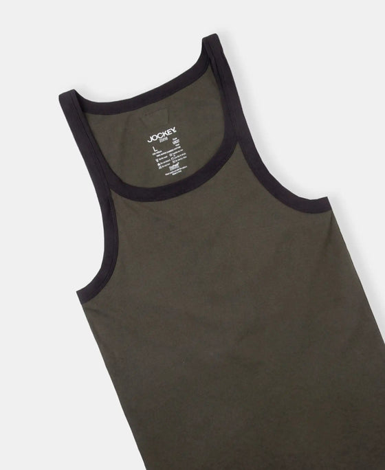 Super Combed Cotton Rib Square Neck Gym Vest - Olive & Black