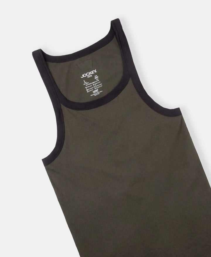 Super Combed Cotton Rib Square Neck Gym Vest - Olive & Black