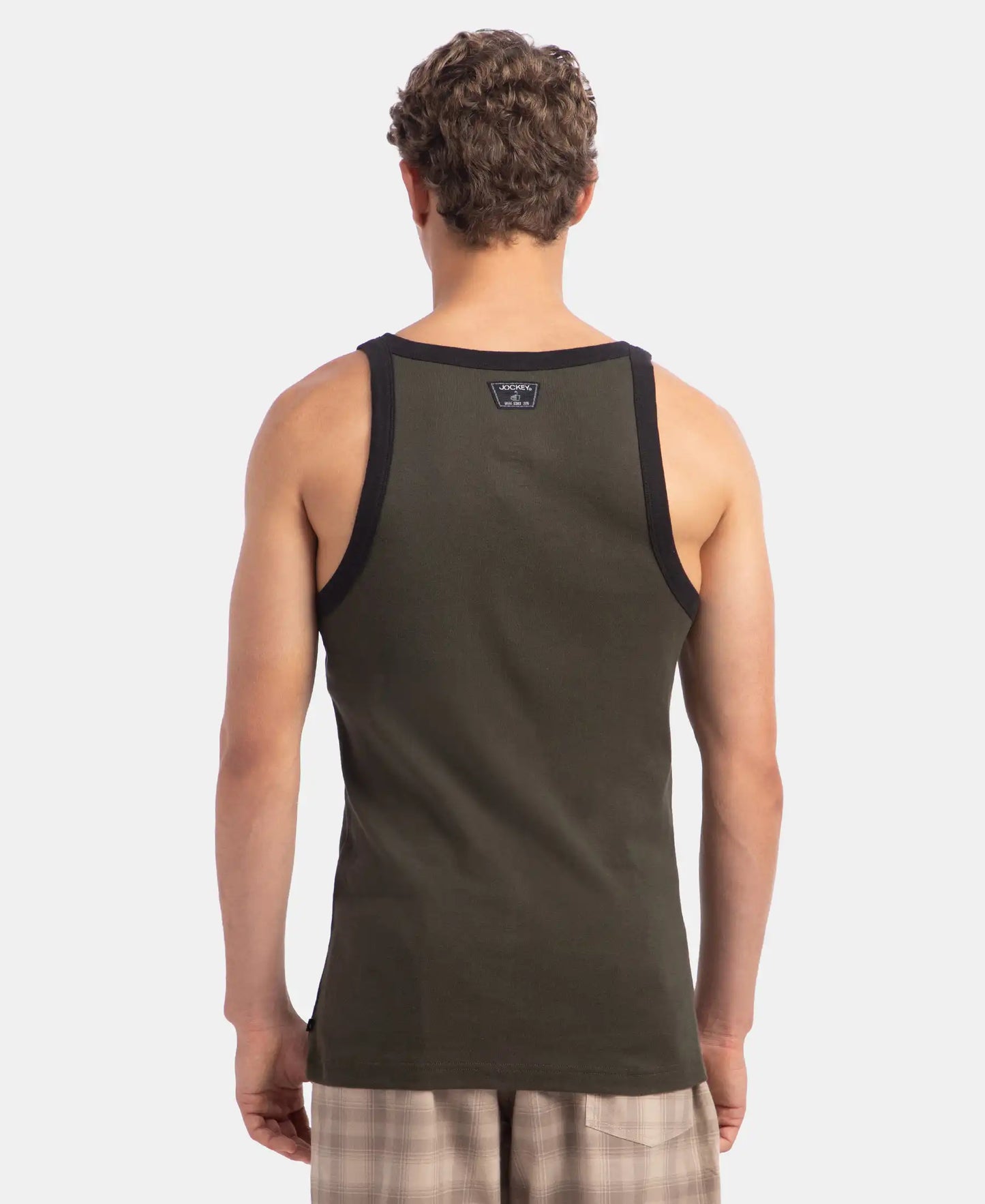 Super Combed Cotton Rib Square Neck Gym Vest - Olive & Black