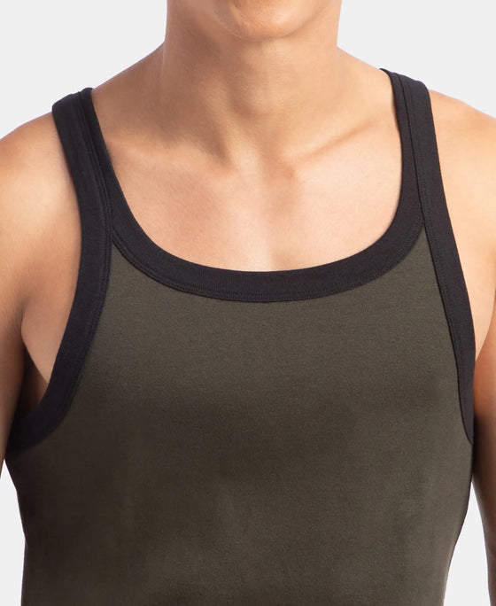 Super Combed Cotton Rib Square Neck Gym Vest - Olive & Black