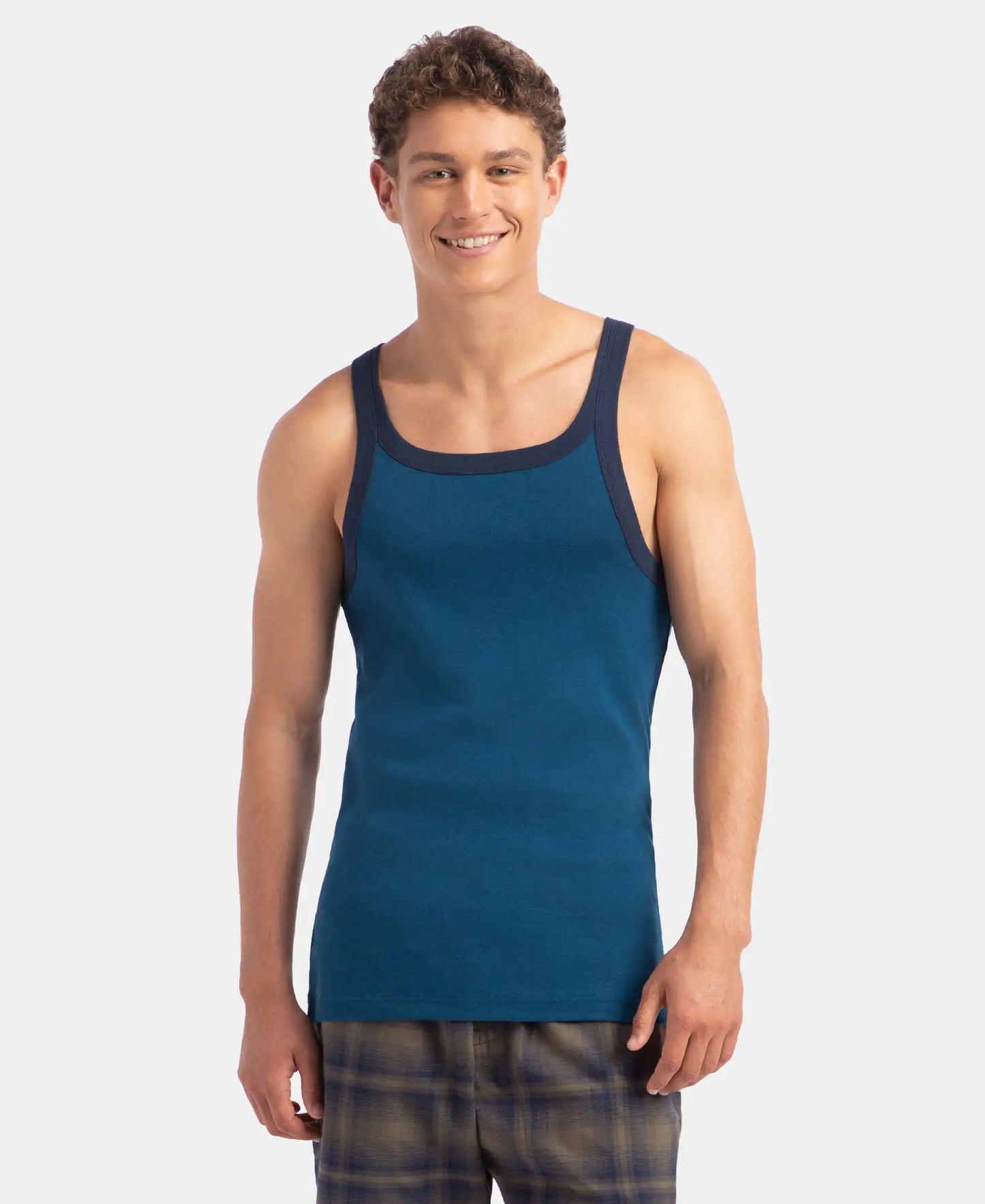 Super Combed Cotton Rib Square Neck Gym Vest - Poseidon & Navy