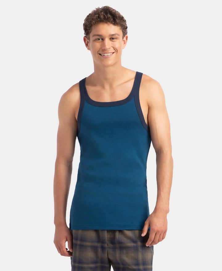 Super Combed Cotton Rib Square Neck Gym Vest - Poseidon & Navy