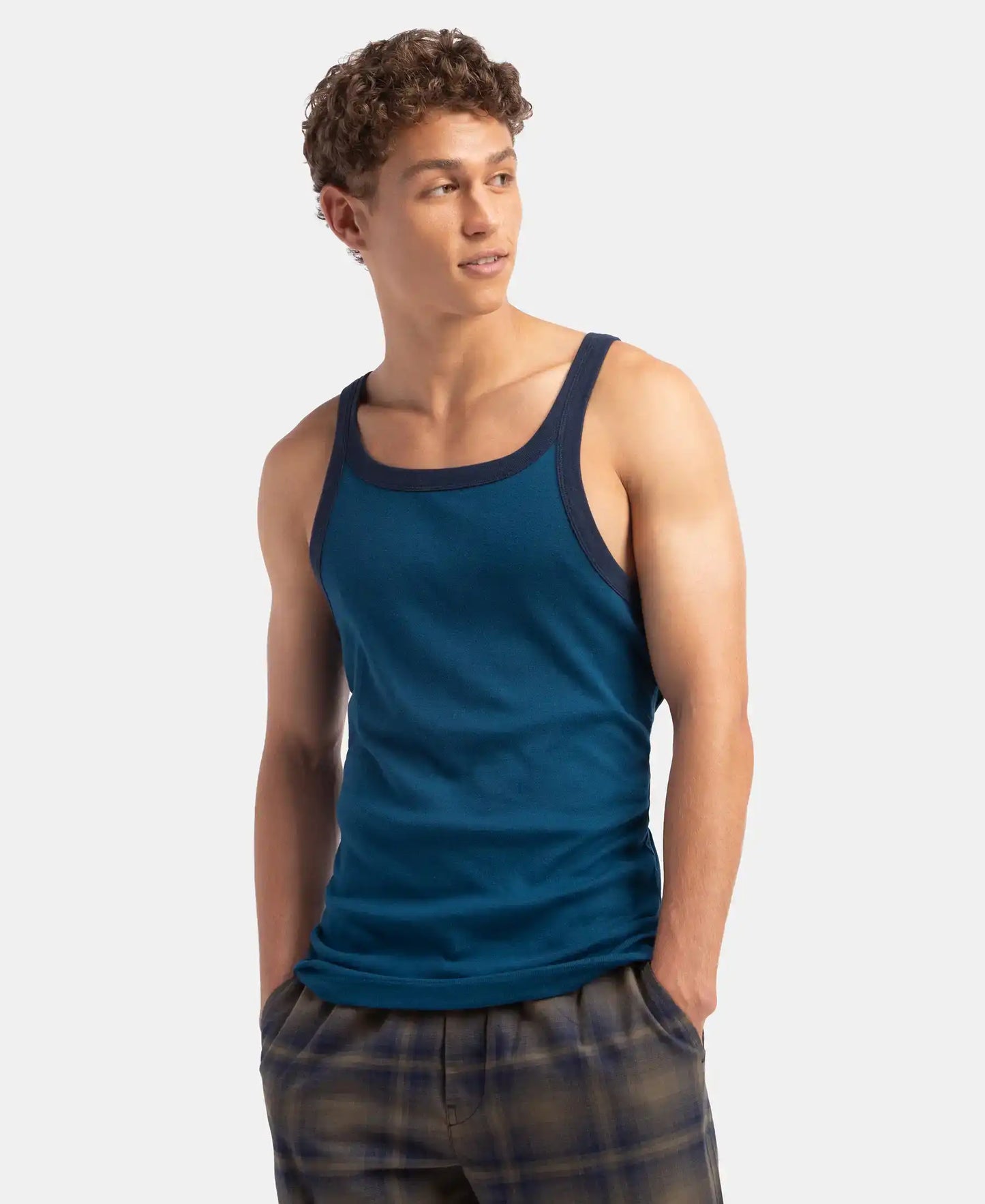 Super Combed Cotton Rib Square Neck Gym Vest - Poseidon & Navy