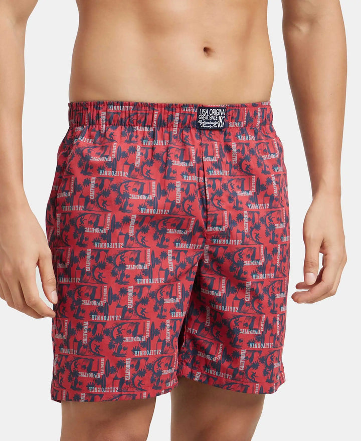 Super Combed Mercerized Cotton Woven Printed Boxer Shorts with Side Pocket - Brick Red-2