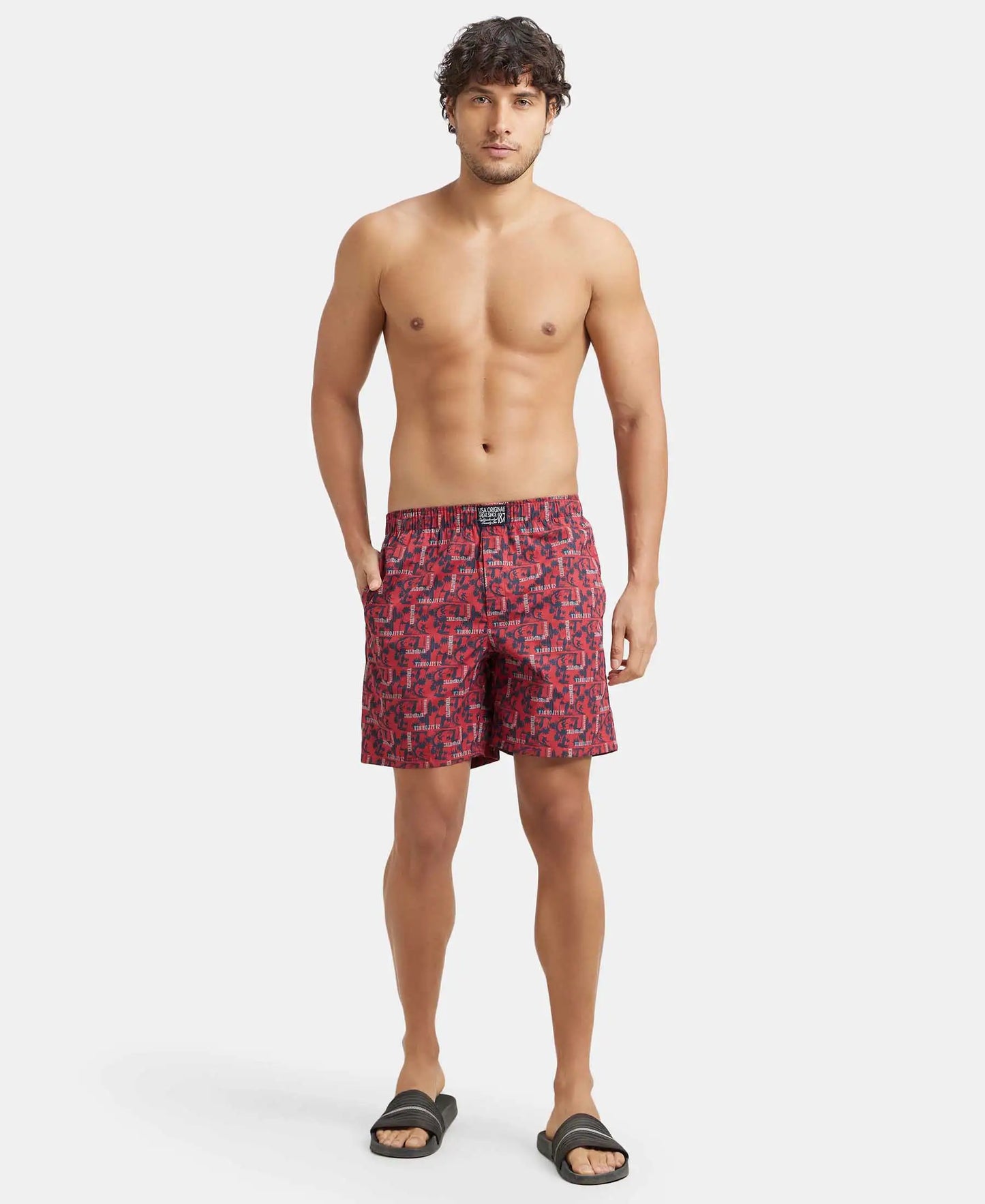 Super Combed Mercerized Cotton Woven Printed Boxer Shorts with Side Pocket - Brick Red-4