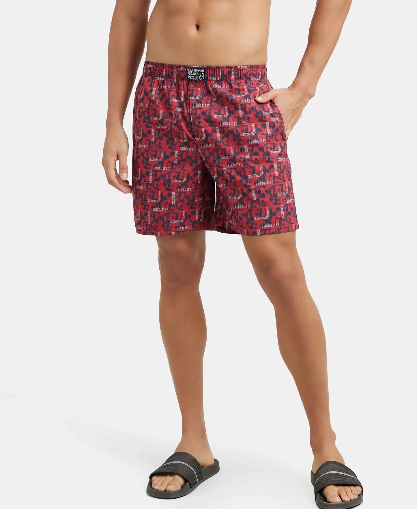 Super Combed Mercerized Cotton Woven Printed Boxer Shorts with Side Pocket - Brick Red-5