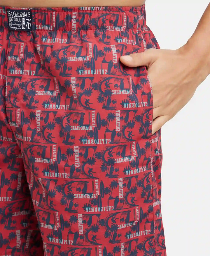 Super Combed Mercerized Cotton Woven Printed Boxer Shorts with Side Pocket - Brick Red-6