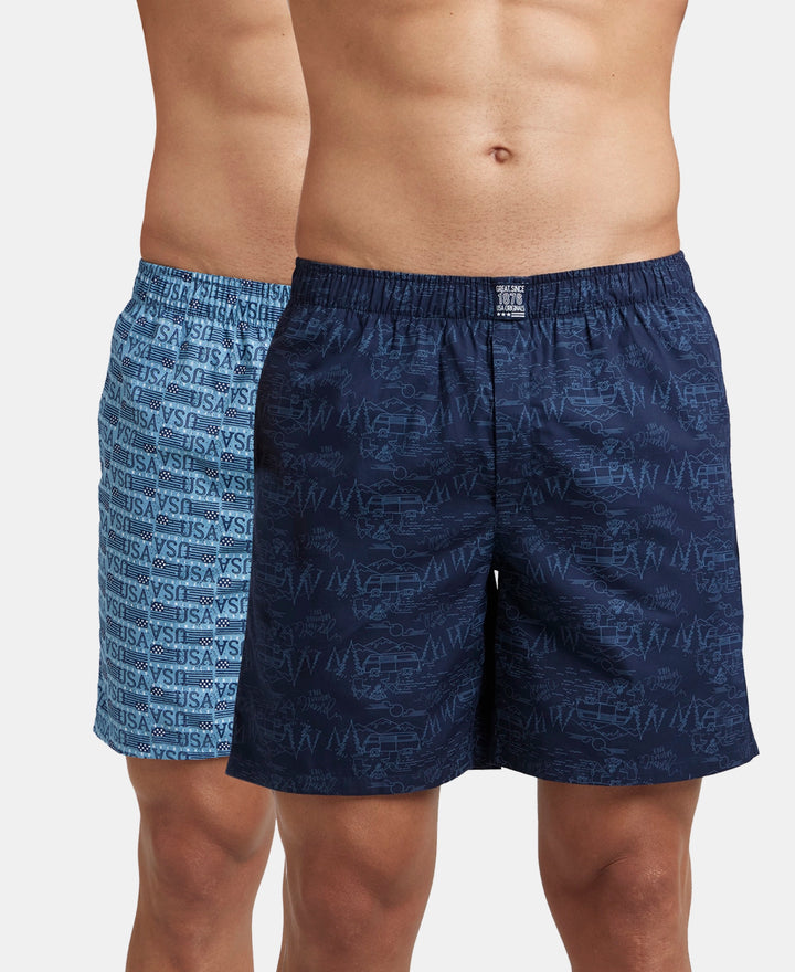 Super Combed Mercerized Cotton Woven Printed Boxer Shorts with Side Pocket - Navy & Blue Heaven (Pack of 2)