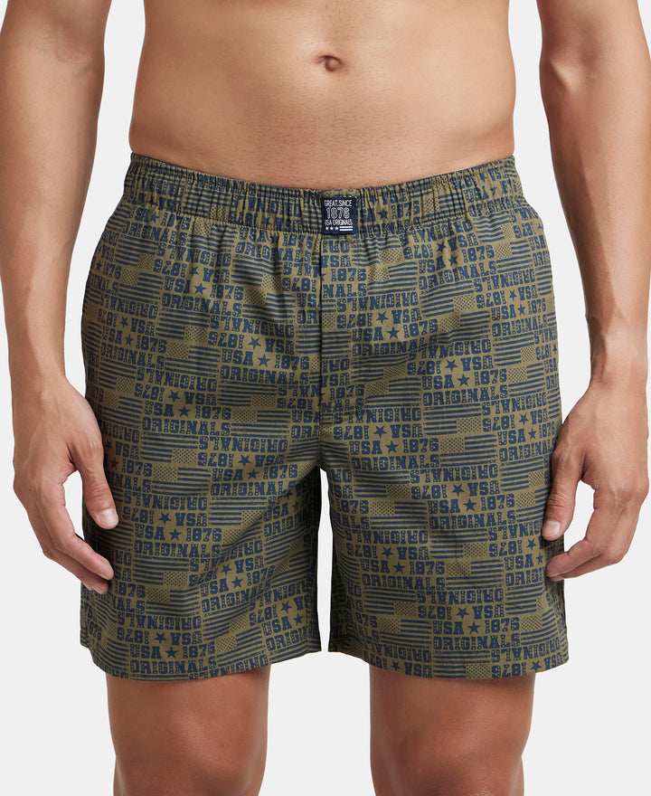 Super Combed Mercerized Cotton Woven Printed Boxer Shorts with Side Pocket - Navy & Burnt Olive (Pack of 2)