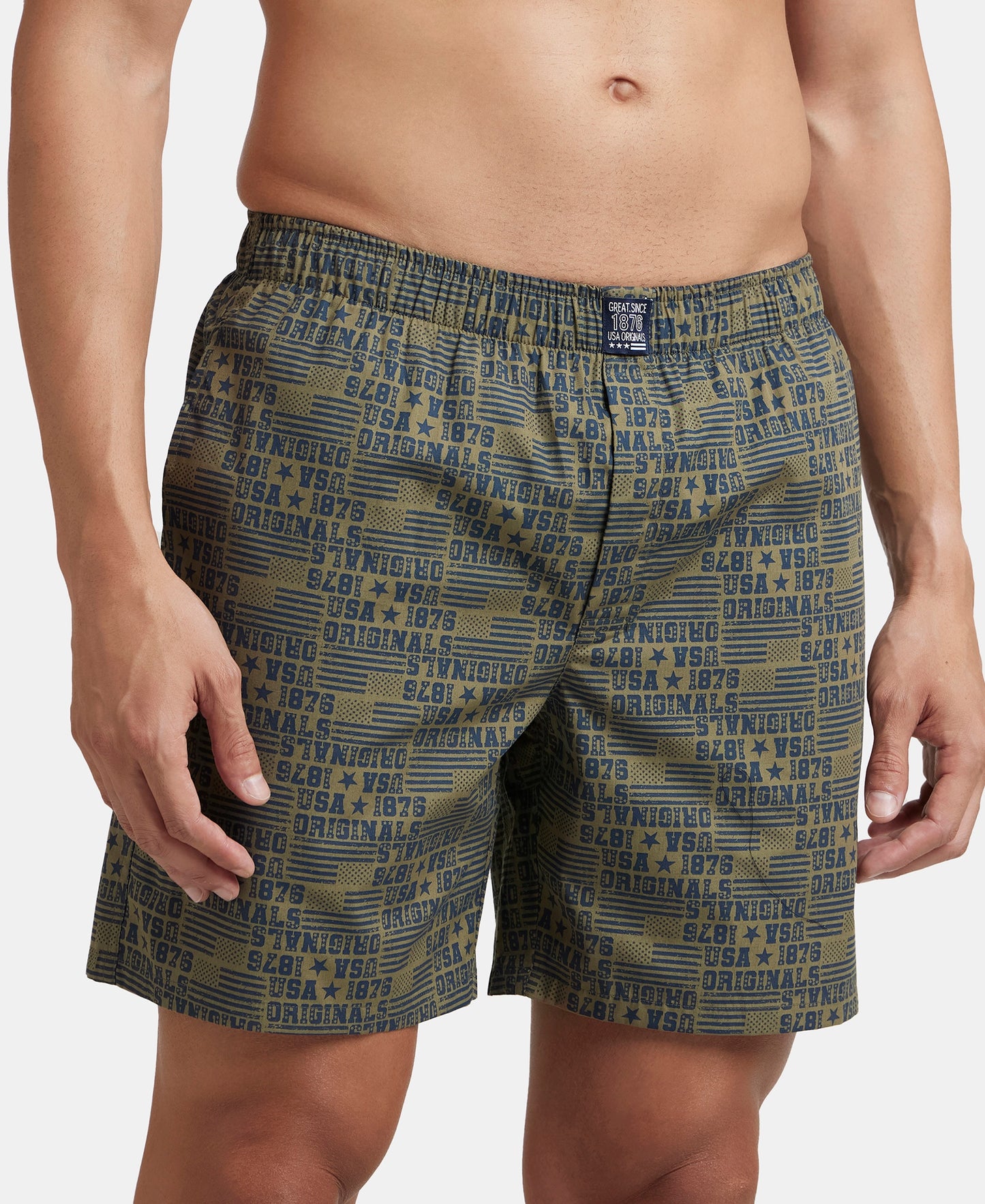 Super Combed Mercerized Cotton Woven Printed Boxer Shorts with Side Pocket - Navy & Burnt Olive (Pack of 2)