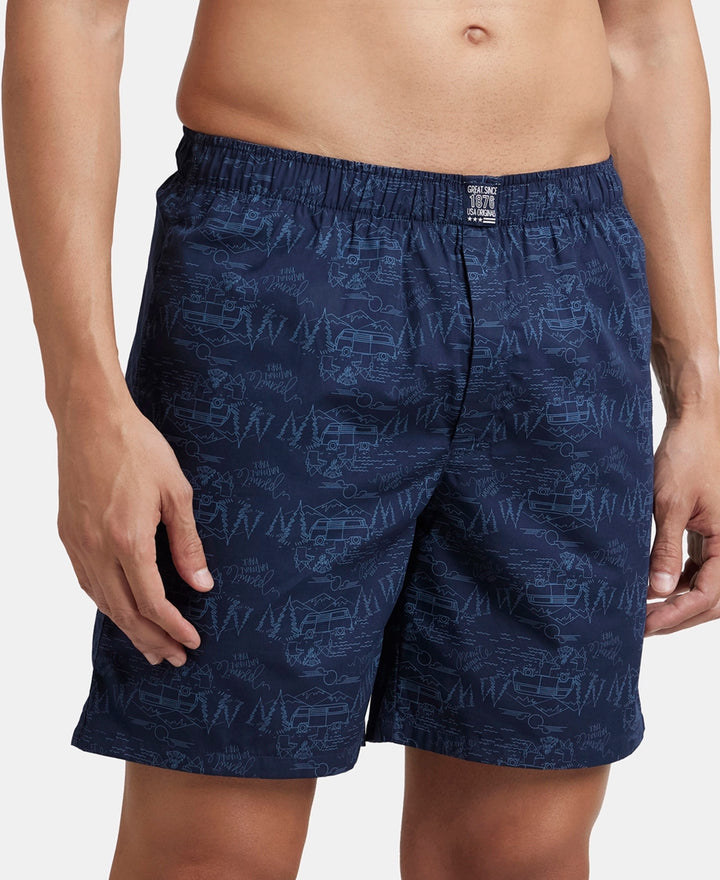 Super Combed Mercerized Cotton Woven Printed Boxer Shorts with Side Pocket - Navy & Burnt Olive (Pack of 2)