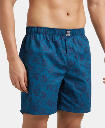 Super Combed Mercerized Cotton Woven Printed Boxer Shorts with Side Pocket - Seaport Teal-2