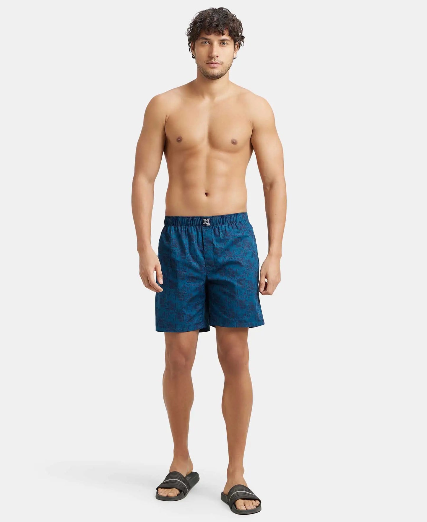 Super Combed Mercerized Cotton Woven Printed Boxer Shorts with Side Pocket - Seaport Teal-4