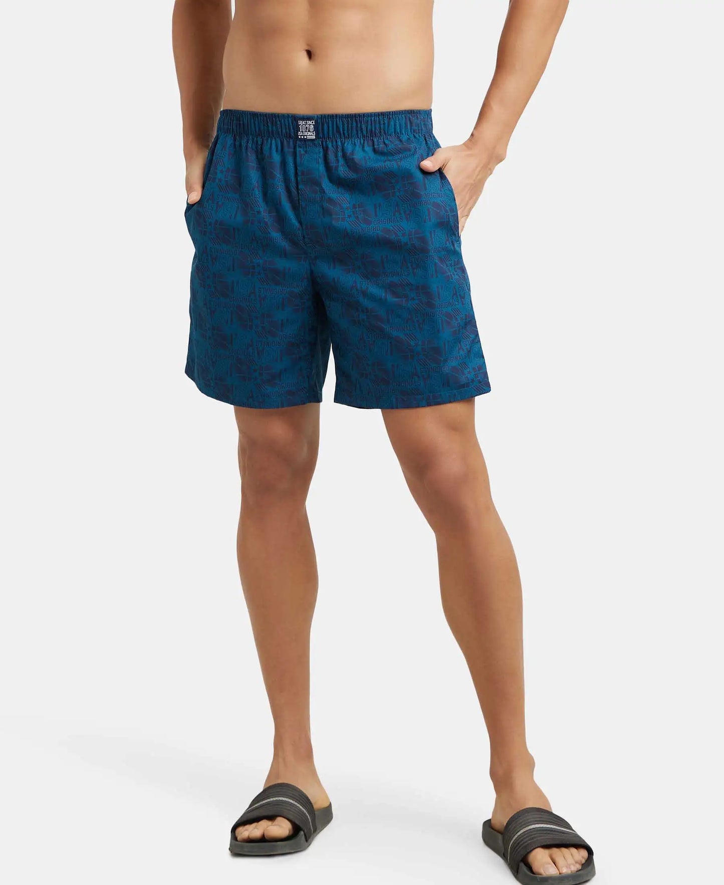 Super Combed Mercerized Cotton Woven Printed Boxer Shorts with Side Pocket - Seaport Teal-5