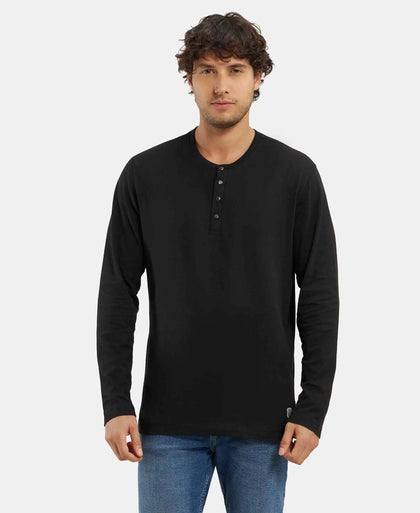 Super Combed Cotton Rich Solid Full Sleeve Henley T-Shirt - Black-1