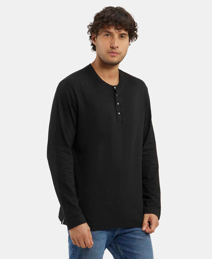 Super Combed Cotton Rich Solid Full Sleeve Henley T-Shirt - Black-2