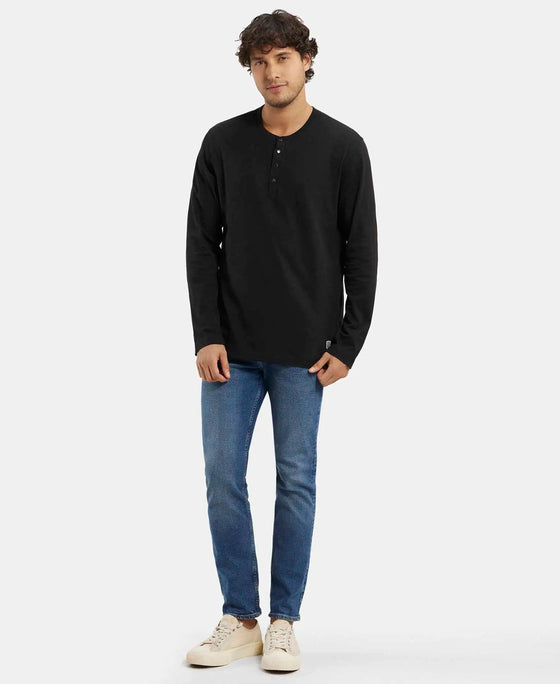 Super Combed Cotton Rich Solid Full Sleeve Henley T-Shirt - Black-4