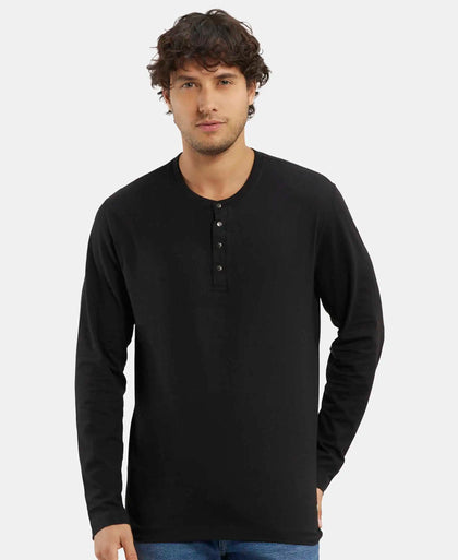 Super Combed Cotton Rich Solid Full Sleeve Henley T-Shirt - Black-5