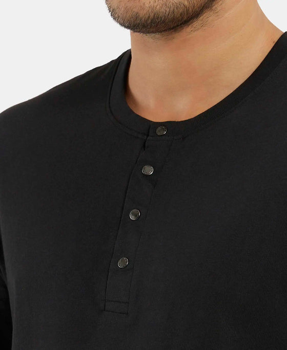 Super Combed Cotton Rich Solid Full Sleeve Henley T-Shirt - Black-7