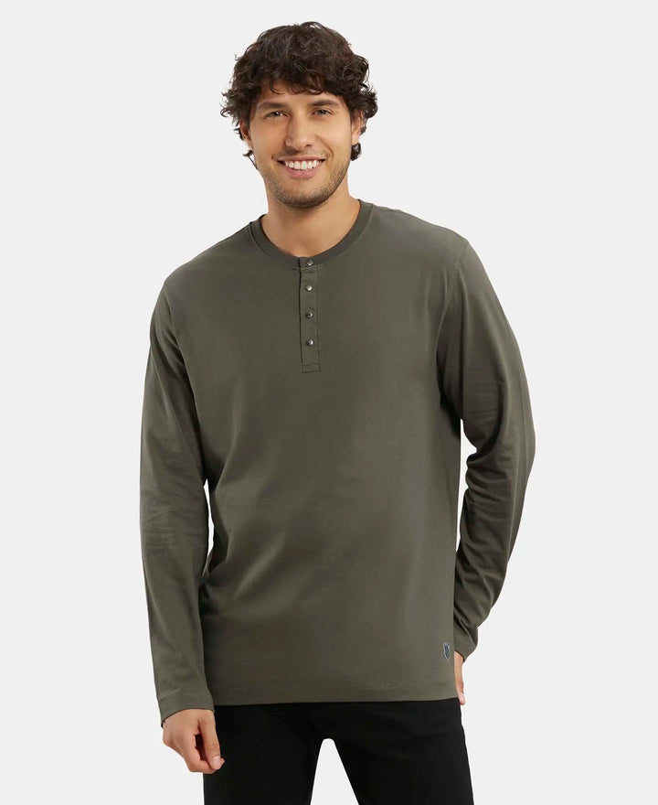 Super Combed Cotton Rich Solid Full Sleeve Henley T-Shirt - Deep Olive-1