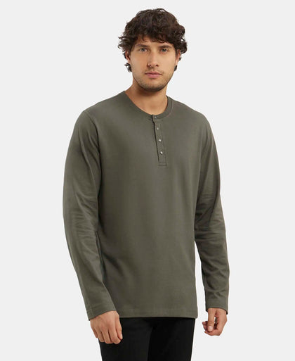 Super Combed Cotton Rich Solid Full Sleeve Henley T-Shirt - Deep Olive-2