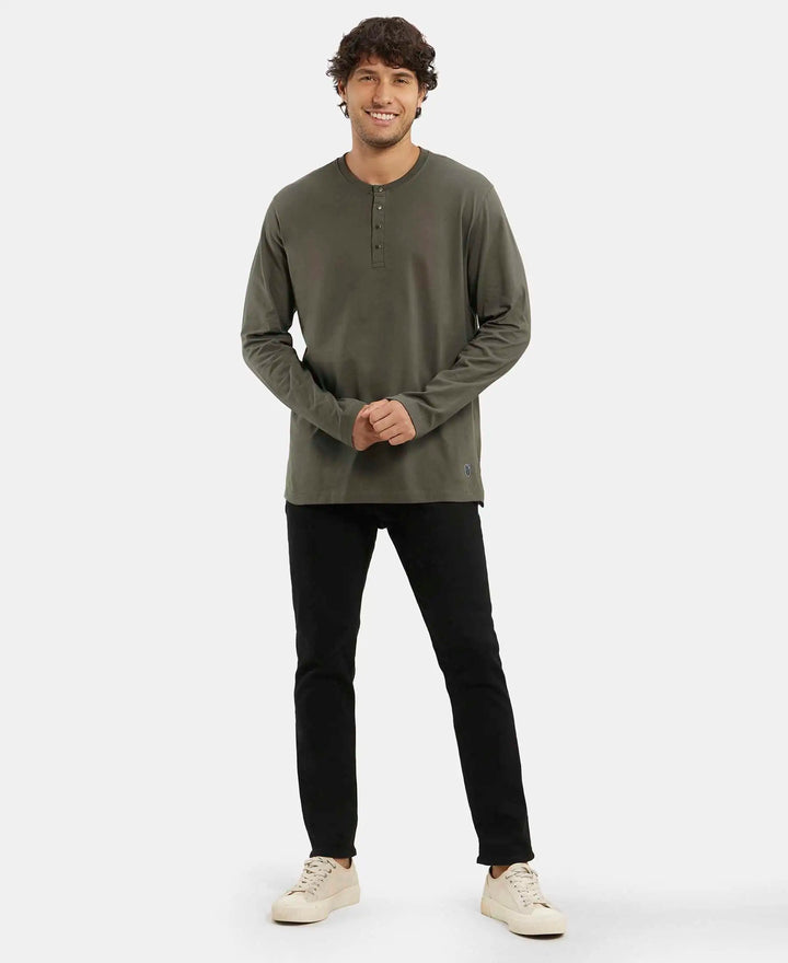 Super Combed Cotton Rich Solid Full Sleeve Henley T-Shirt - Deep Olive-4