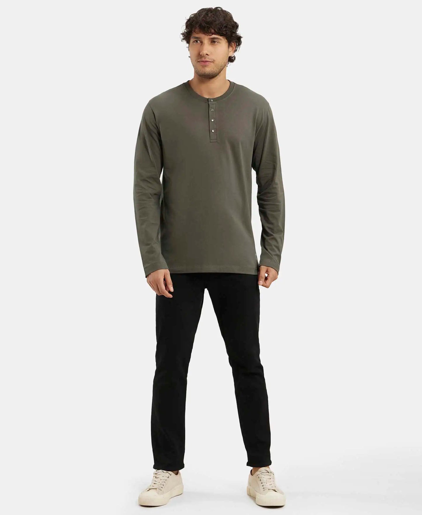 Super Combed Cotton Rich Solid Full Sleeve Henley T-Shirt - Deep Olive-6