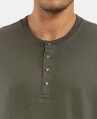 Super Combed Cotton Rich Solid Full Sleeve Henley T-Shirt - Deep Olive-7